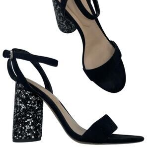 Aldo Black Rhinestone Chunky Heel Peep Toe Shoes Womens 6.5 Glitter Party Glam